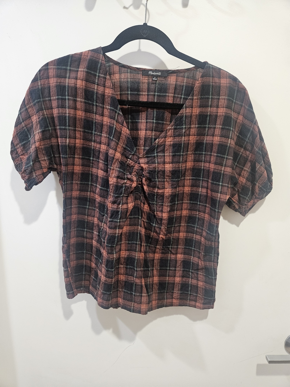 Madewell Rust and Black Plaid Short Sleeve Blouse
